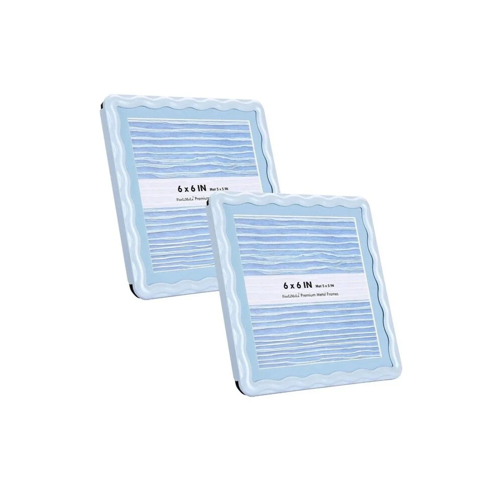 Light Blue Wavy Metal Picture Frames 6x6 Set of 2 Matted 5x5 Real Glass